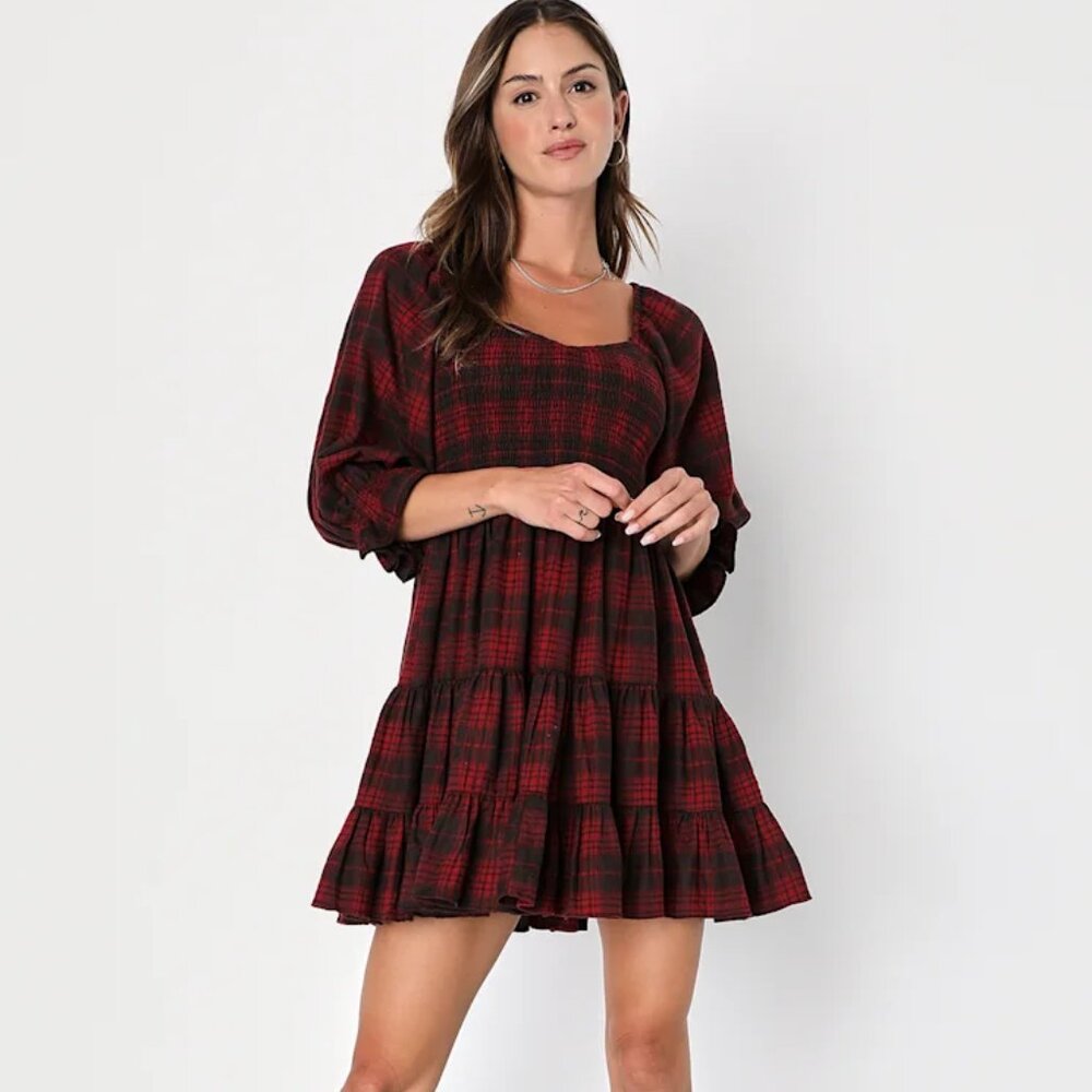 Lulus - No One Cuter Red and Black Plaid Puff Sleeve Tiered Mini Dress - Size S